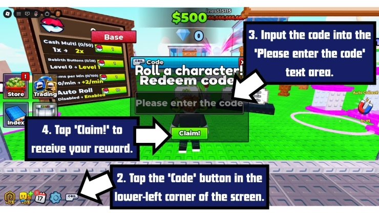 Become an Anime Billionaire redeem code screen showing where to enter Become an Anime Billionaire codes