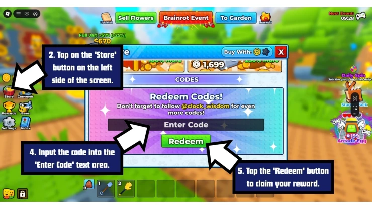 Bee Garden redeem code screen showing where to enter Bee Garden codes