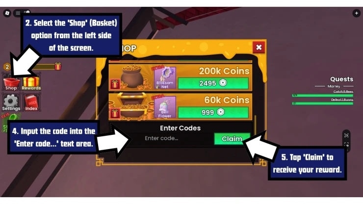 Bees redeem code screen showing where to enter Bees codes