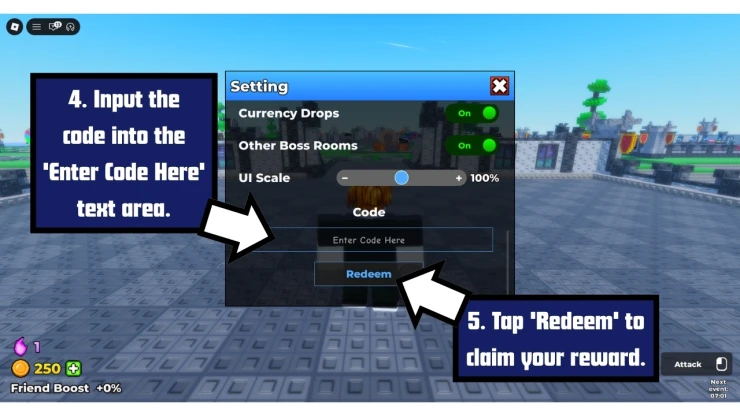 Be The Final Boss redeem code screen showing where to enter Be The Final Boss codes