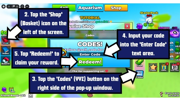 Bomb Fishing redeem code screen showing where to enter Bomb Fishing codes