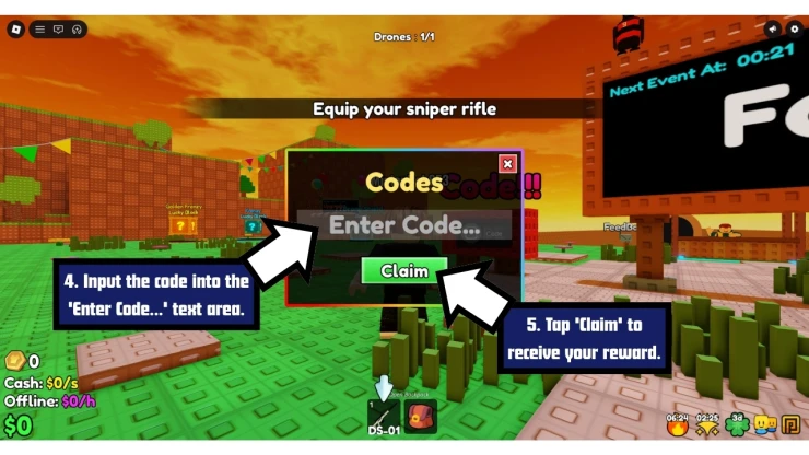Brainrot Sniper redeem code screen showing where to enter Brainrot Sniper codes