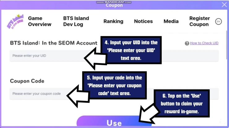 BTS Island redeem code screen showing where to enter BTS Island codes
