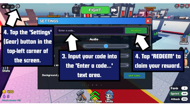 Build a Dungeon redeem code screen showing where to enter Build a Dungeon codes