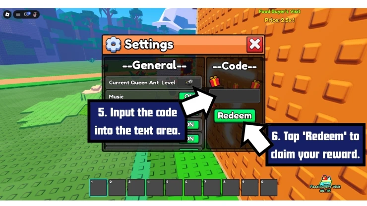 Build An Ant Empire redeem code screen showing where to enter Build An Ant Empire codes