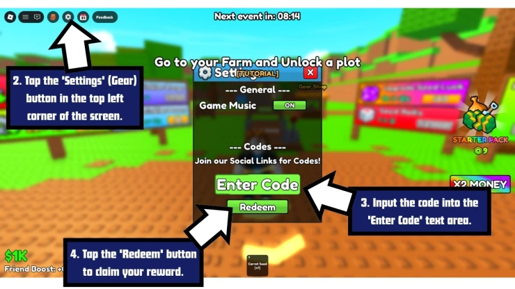 Build A Ring Farm redeem code screen showing where to enter Build A Ring Farm codes