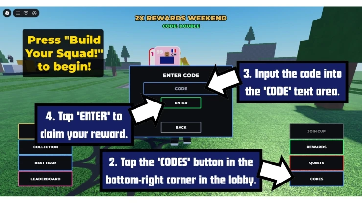 Build A Soccer Squad redeem code screen showing where to enter Build A Soccer Squad codes