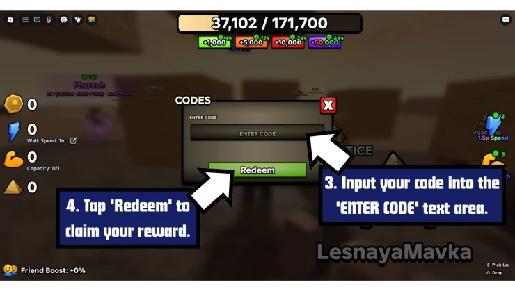 Build the Pyramid redeem code screen showing where to enter Build the Pyramid codes