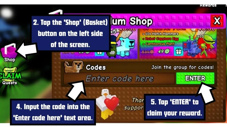Capybaras VS Plants redeem code screen showing where to enter Capybaras VS Plants codes
