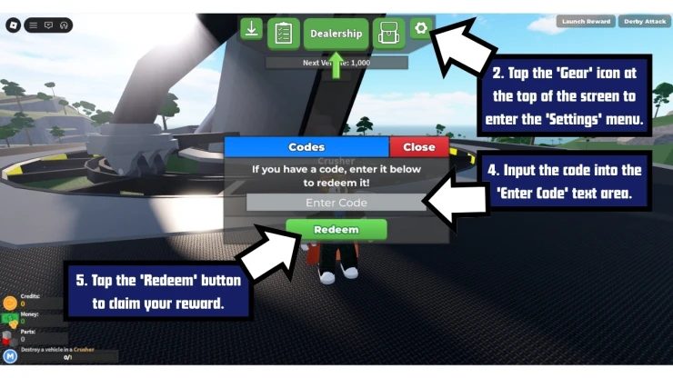 Car Crushers 2 redeem code screen showing where to enter Car Crushers 2 codes