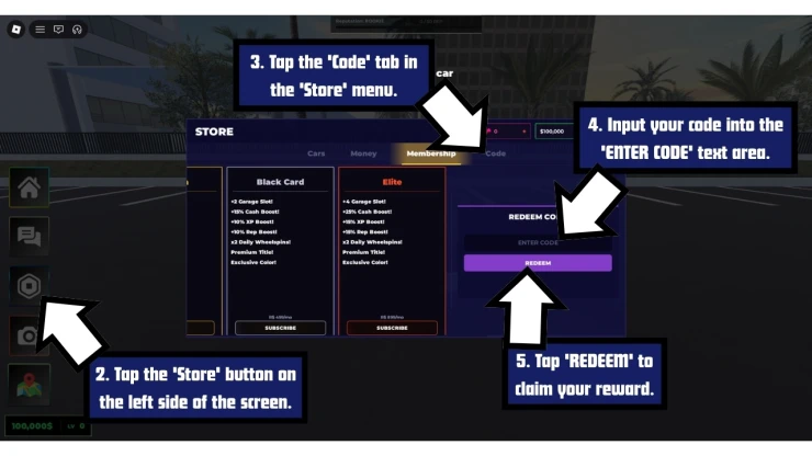 Car For Sale redeem code screen showing where to enter Car For Sale codes