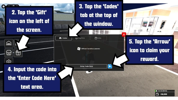 Carolina Leaners redeem code screen showing where to enter Carolina Leaners codes