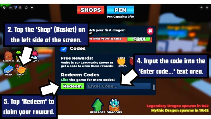 Catch Dragons To Defend redeem code screen showing where to enter Catch Dragons To Defend codes