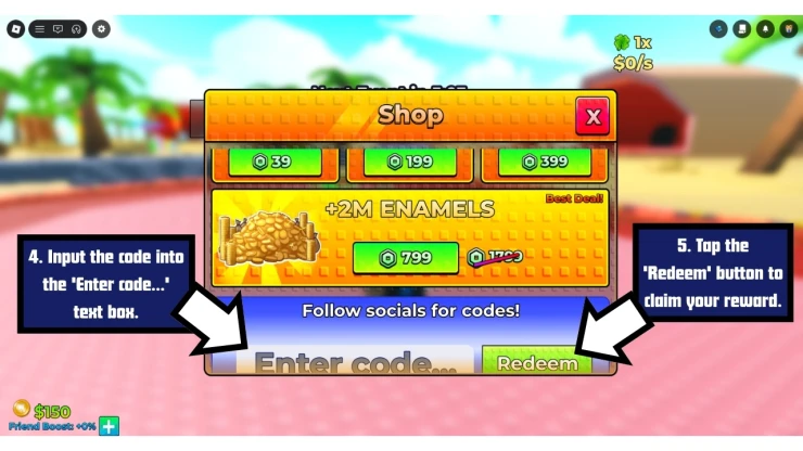 Cavity Crushers redeem code screen showing where to enter Cavity Crushers codes