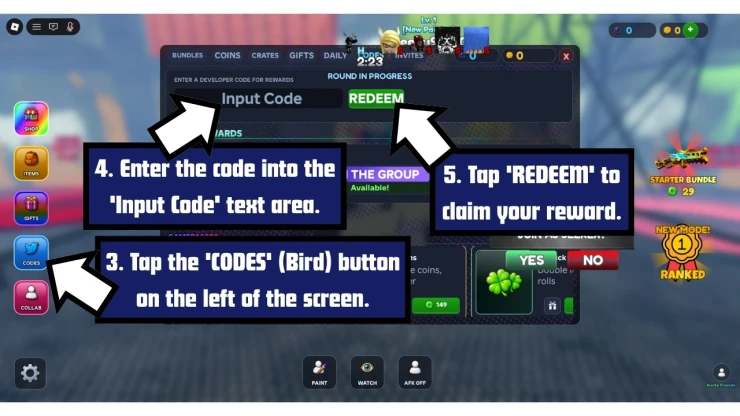 Chameleon redeem code screen showing where to enter Chameleon codes