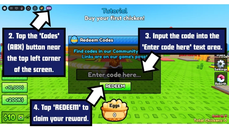 Chicken Farm redeem code screen showing where to enter Chicken Farm codes