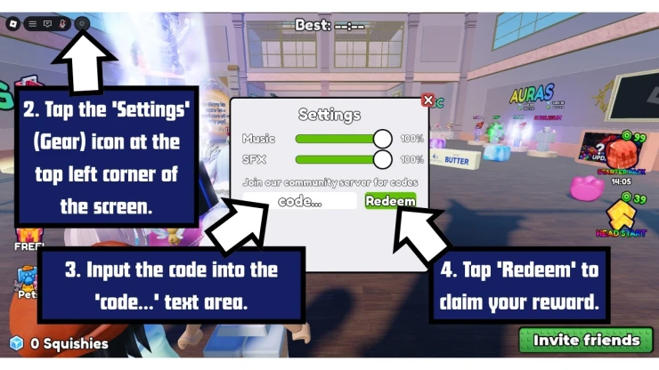 Clean the Squishies redeem code screen showing where to enter Clean the Squishies codes