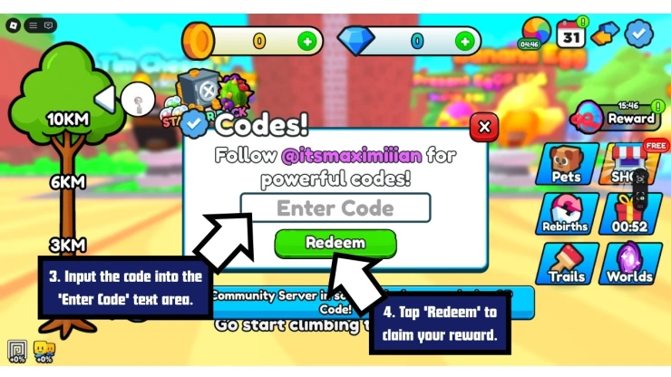 Climb to Infinity redeem code screen showing where to enter Climb to Infinity codes