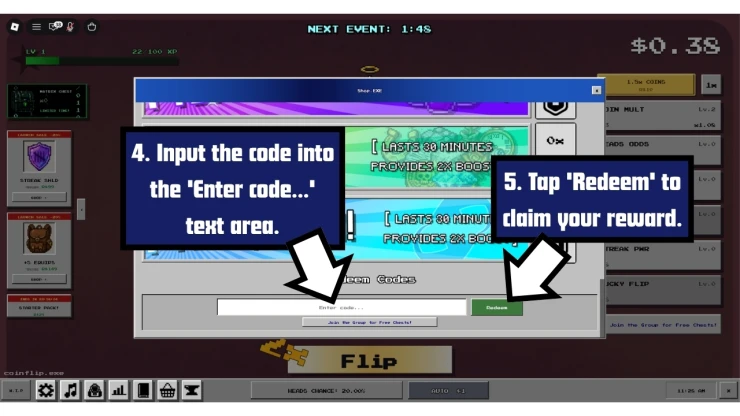 Coin Flip redeem code screen showing where to enter Coin Flip codes