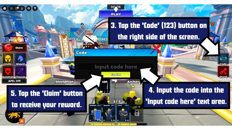 Command An Army redeem code screen showing where to enter Command An Army codes