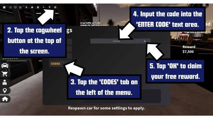 Corsa Legends redeem code screen showing where to enter Corsa Legends codes