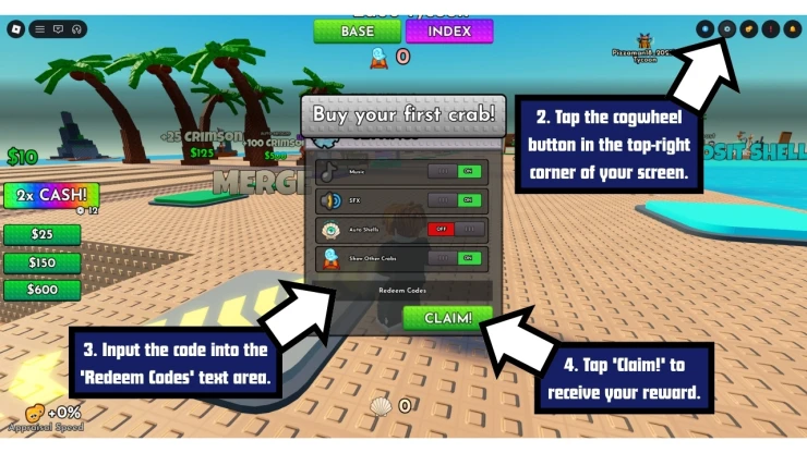 Crab Tycoon redeem code screen showing where to enter Crab Tycoon codes