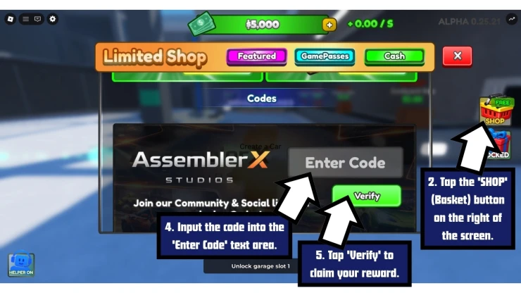 Create a Car redeem code screen showing where to enter Create a Car codes