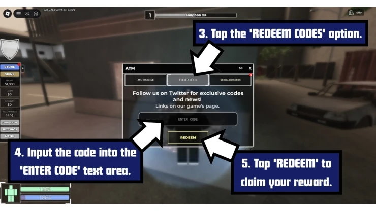 Criminality redeem code screen showing where to enter Criminality codes