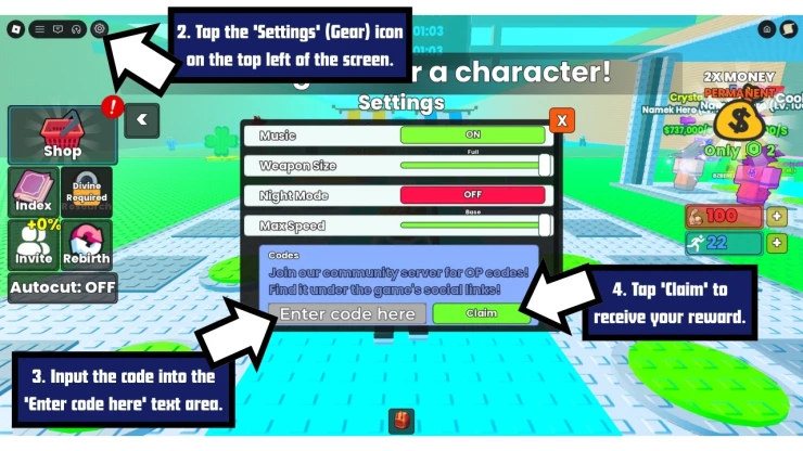 Cut Grass for Anime Characters redeem code screen showing where to enter Cut Grass for Anime Characters codes