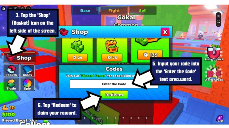 Defeat and Collect Anime redeem code screen showing where to enter Defeat and Collect Anime codes