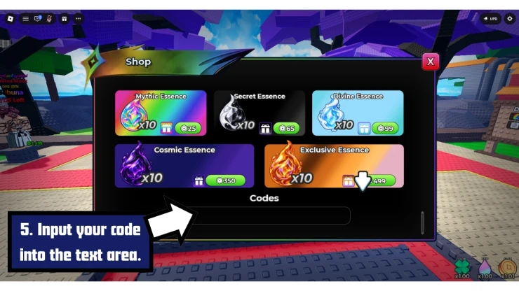 Defeat Anime RNG redeem code screen showing where to enter Defeat Anime RNG codes