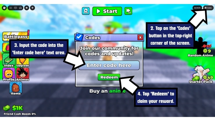 Defend ur base with anime redeem code screen showing where to enter Defend ur base with anime codes