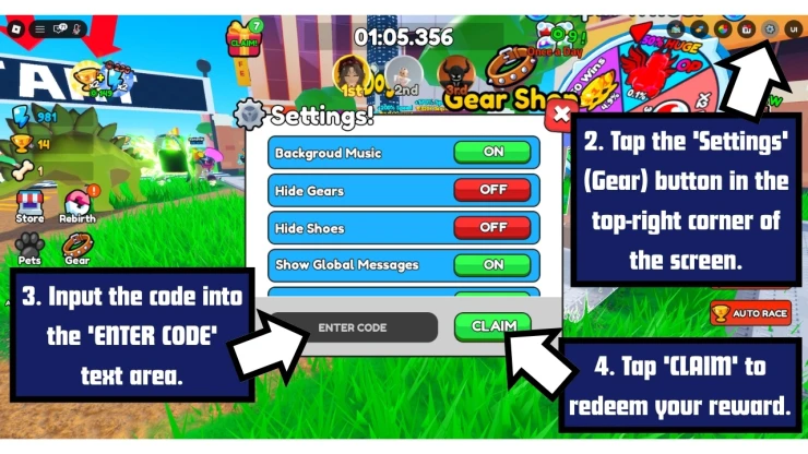 Dog Race redeem code screen showing where to enter Dog Race codes