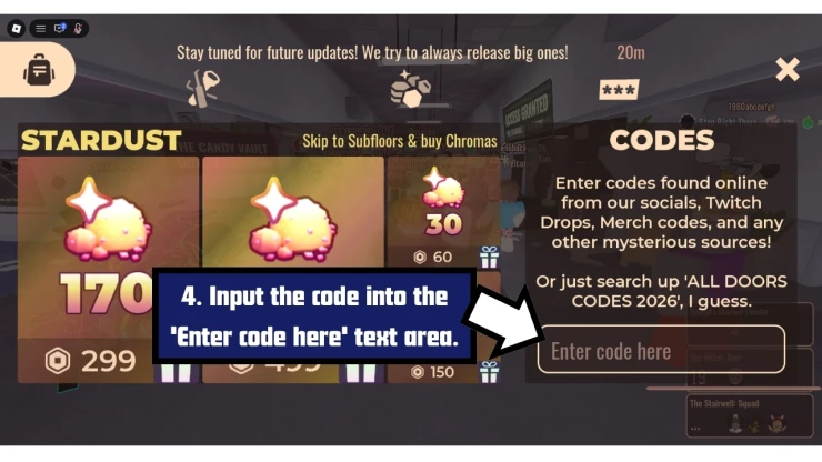 DOORS redeem code screen showing where to enter DOORS codes