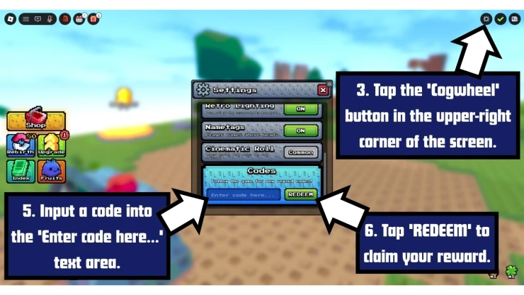 Drop a Fruit redeem code screen showing where to enter Drop a Fruit codes