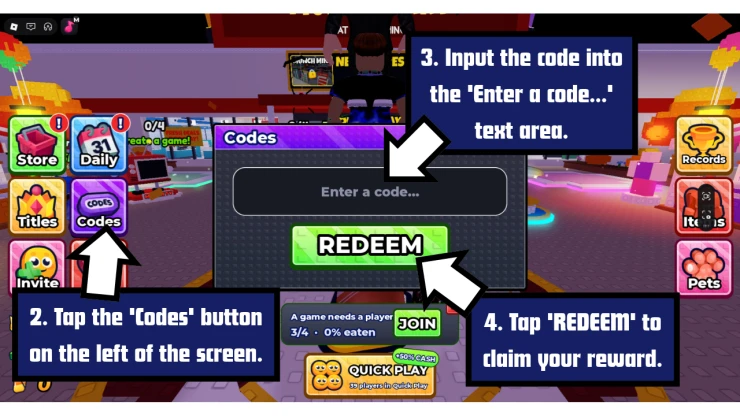 Eat Everything In A Grocery Store redeem code screen showing where to enter Eat Everything In A Grocery Store codes