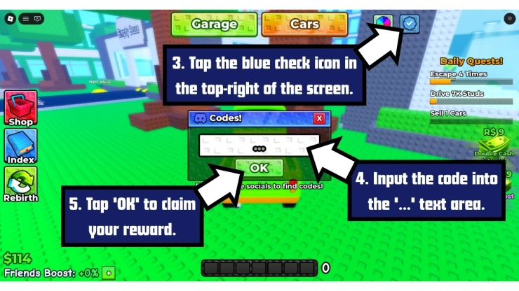 Escape Police to STEAL a Car redeem code screen showing where to enter Escape Police to STEAL a Car codes