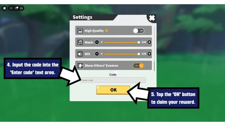 Evomon redeem code screen showing where to enter Evomon codes