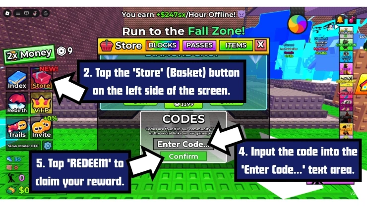 Fall For Brainrots redeem code screen showing where to enter Fall For Brainrots codes