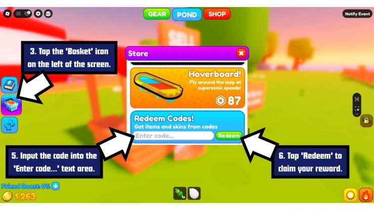 Farm a Fish redeem code screen showing where to enter Farm a Fish codes