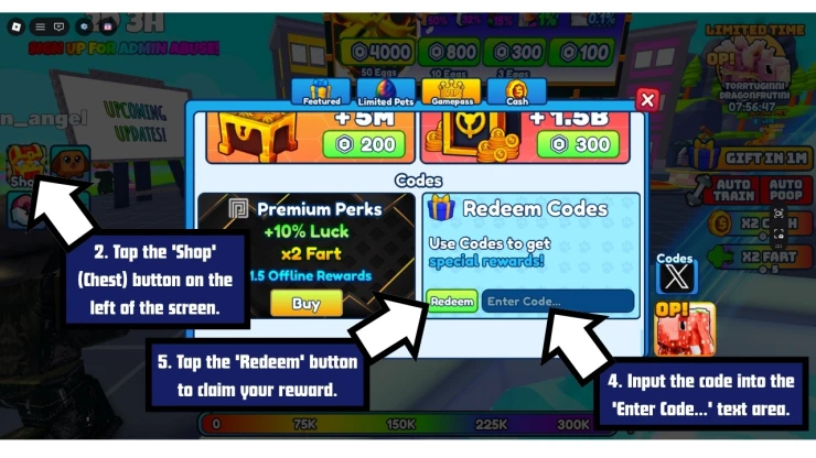 Fart Training redeem code screen showing where to enter Fart Training codes