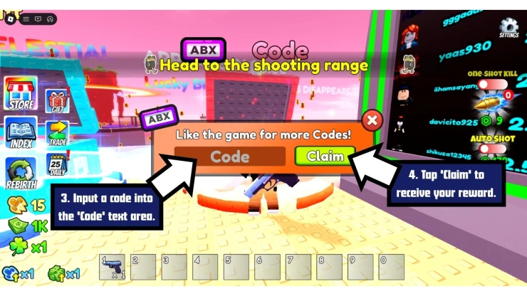 Find and snipe Brainrot redeem code screen showing where to enter Find and snipe Brainrot codes