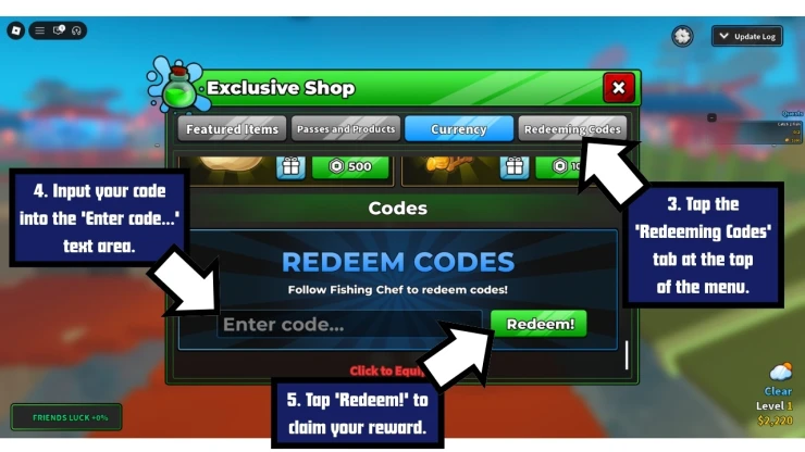 Fishing Chef redeem code screen showing where to enter Fishing Chef codes