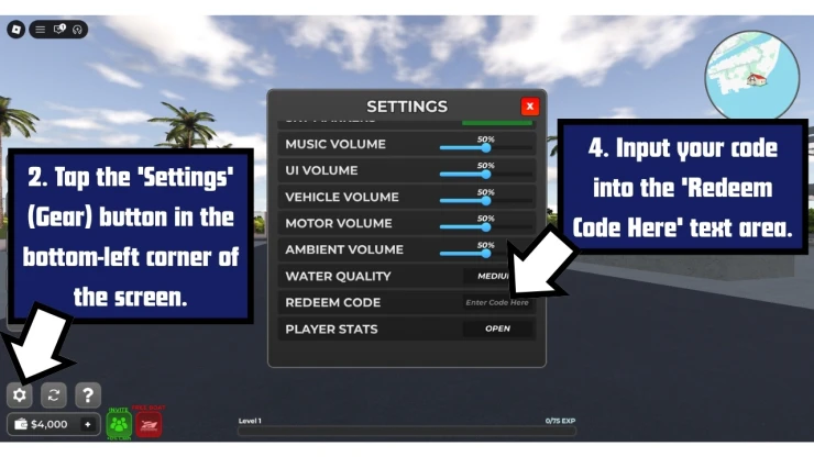 Flip a Boat redeem code screen showing where to enter Flip a Boat codes