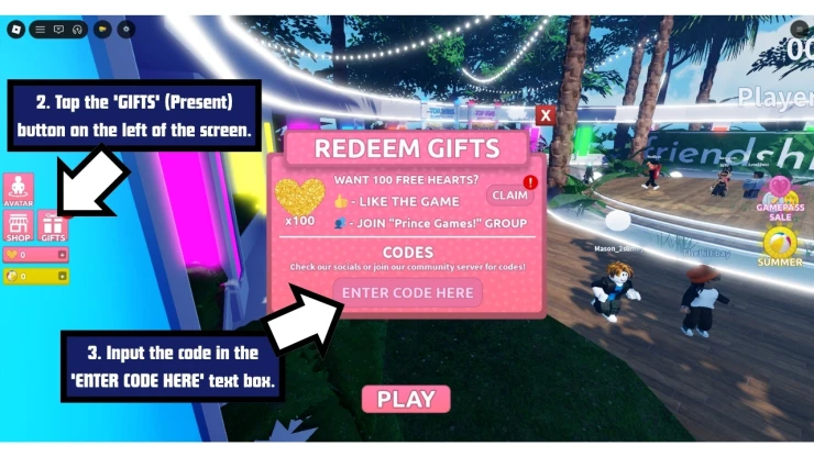 Friendship Island redeem code screen showing where to enter Friendship Island codes