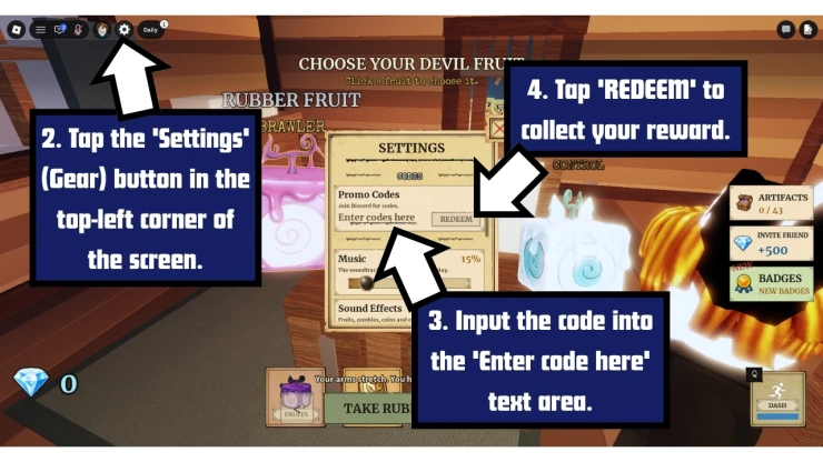 Fruit Zombie Survival redeem code screen showing where to enter Fruit Zombie Survival codes