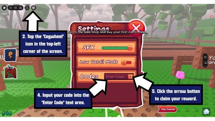 Garden Horizons redeem code screen showing where to enter Garden Horizons codes