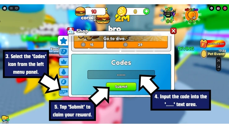 Get Fat to Splash redeem code screen showing where to enter Get Fat to Splash codes
