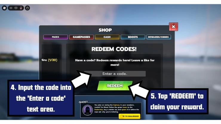 Ghost Driver redeem code screen showing where to enter Ghost Driver codes