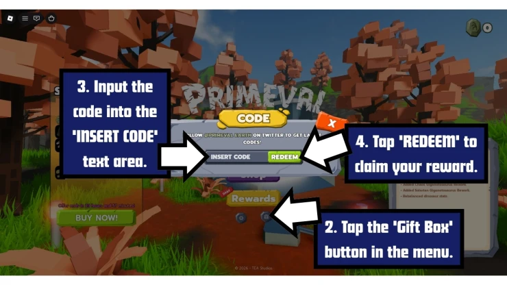 Giga! Primeval Earth - Dinosaur Survival redeem code screen showing where to enter Giga! Primeval Earth - Dinosaur Survival codes